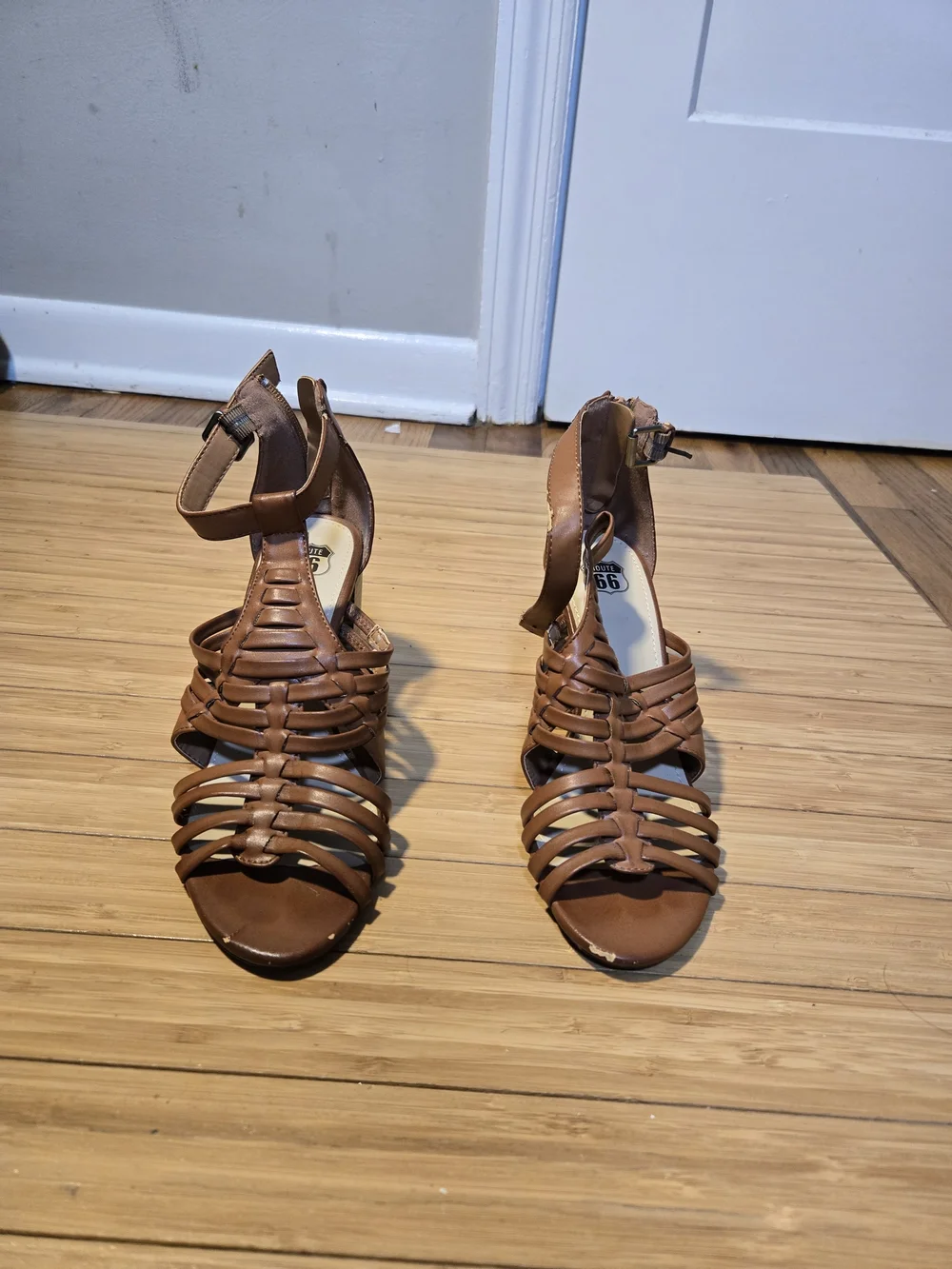 Route 66 Tan Brown Strappy Ankle-Wrap Heels